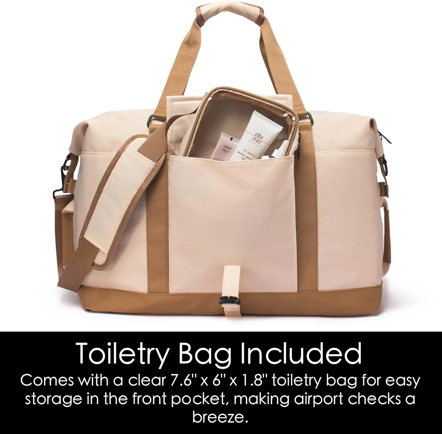 SUNNY BIRD Duffel with Utility Pouch, 40L Weekender Overnight Bag with Shoe Compartment for Travel and Sports (White and brown)