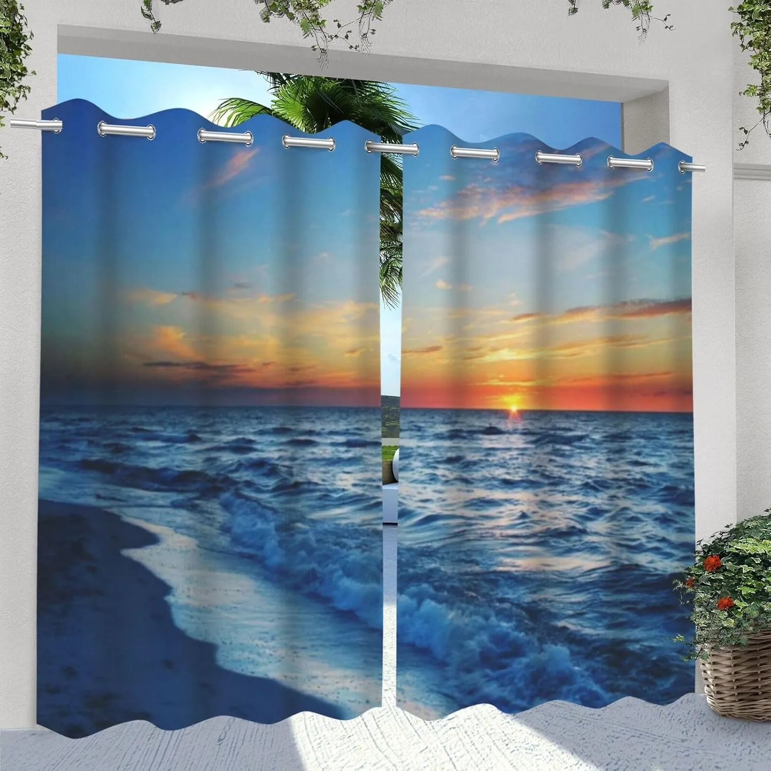 Sunset Theme Waterproof Outdoor Curtains for Patio,Beach Waves Pattern,Privacy, Grommet Curtains for Patio, Pergola, Porch, Deck, Lanai, and Cabana,2 Panels,W36 x L84,Blue Orange