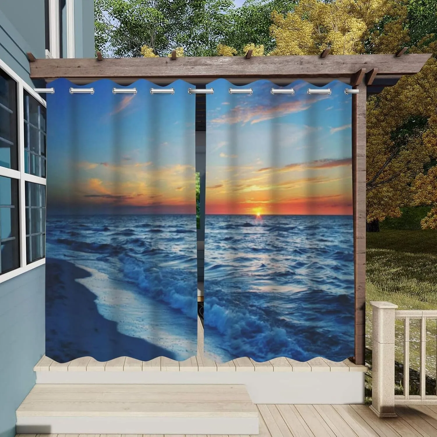 Sunset Theme Waterproof Outdoor Curtains for Patio,Beach Waves Pattern,Privacy, Grommet Curtains for Patio, Pergola, Porch, Deck, Lanai, and Cabana,2 Panels,W36 x L84,Blue Orange