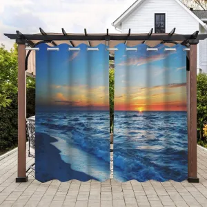 Sunset Theme Waterproof Outdoor Curtains for Patio,Beach Waves Pattern,Privacy, Grommet Curtains for Patio, Pergola, Porch, Deck, Lanai, and Cabana,2 Panels,W36 x L84,Blue Orange