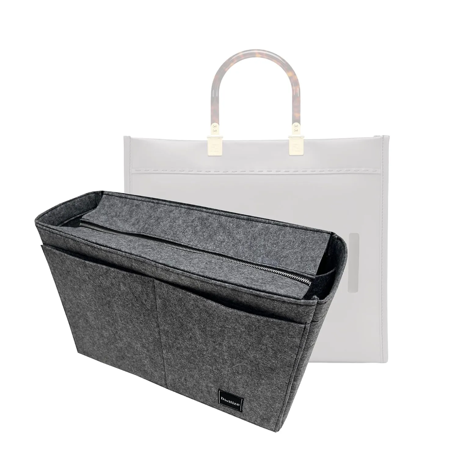 Sunshine Tote Organizer Insert, Sunshine Shopper Medium Insert, Mini Sunshine Large Organizer, Handmade 3mm Premium Felt Snug Sturdy Gold Zipper (For Medium Sunshine Tote, Lightcoffee)