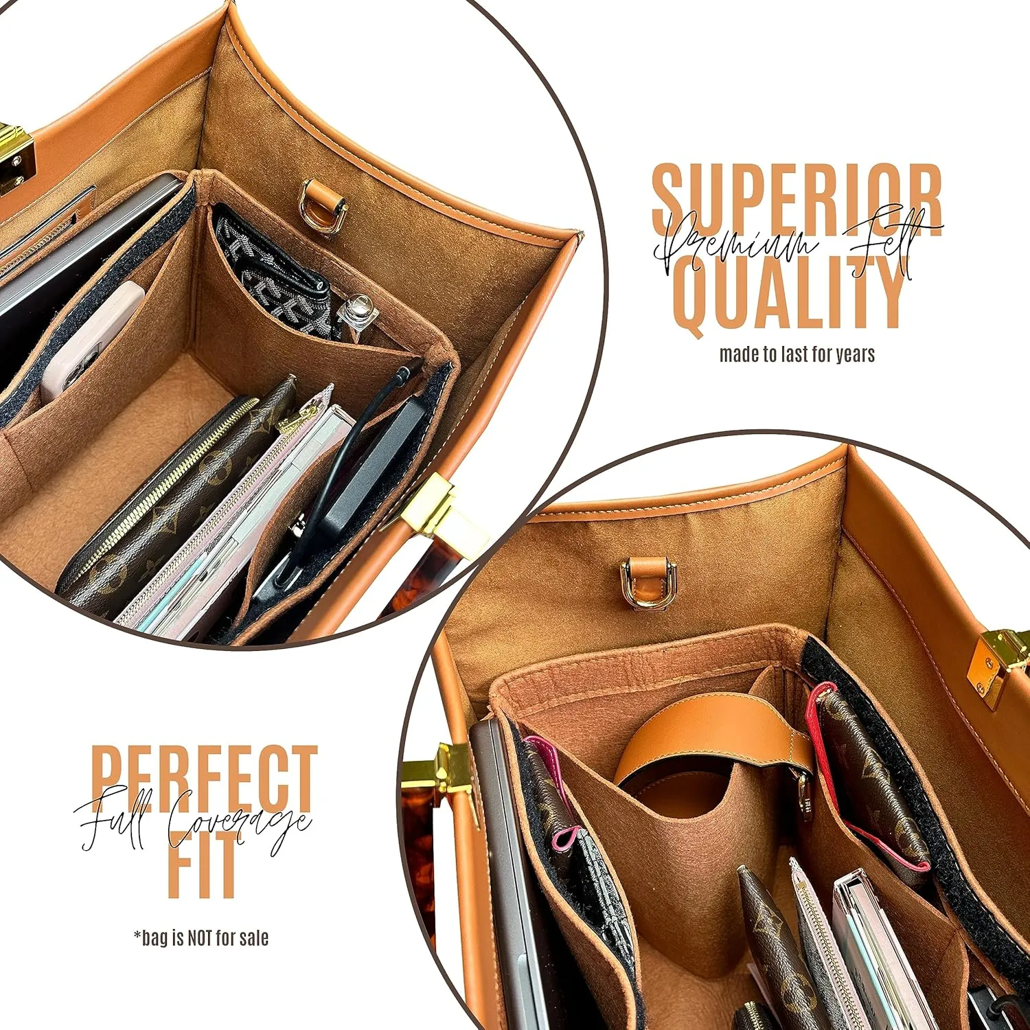 Sunshine Tote Organizer Insert, Sunshine Shopper Medium Insert, Mini Sunshine Large Organizer, Handmade 3mm Premium Felt Snug Sturdy Gold Zipper (For Medium Sunshine Tote, Lightcoffee)