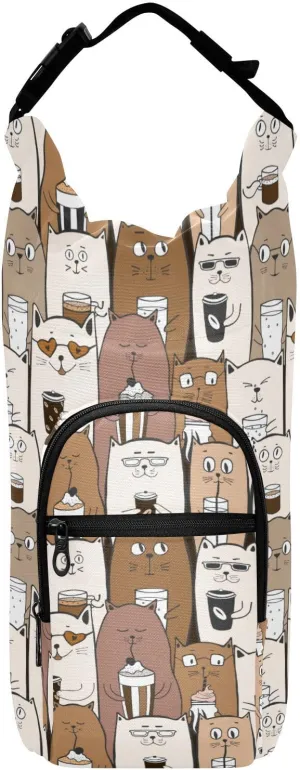 susiyo Funny Pattern with Cute Cats Water Bottle Carrier Bag with Pocket, 40/32/24/20oz Insulated Water Bottle Sling Bag with Strap for Walking Hiking Camping Gym