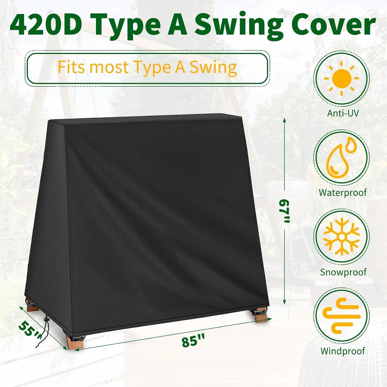 Swing Cover, 420D Oxford Waterproof Outdoor Furniture Porch Cover Glider Hammock Cover A Frame Patio Swing Dust Cover (85" L x 55" W x 67" H)
