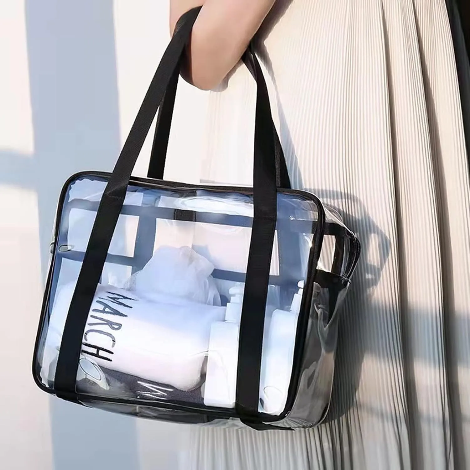 SxoSyo Clear Makeup Bags Large Travel Toiletry Bag for Women Transparent Bag Clear Cosmetic Bags with Handle Bathroom Organizer (black)