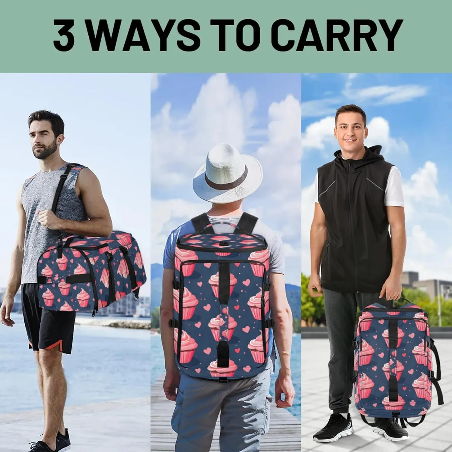 Tactical Sports Duffle Bag for Travel Waterproof Gym Bag with Shoe Compartment 48L Carry On Luggage for Men & Women 3-in-1 Durable Travel Luggage Cupcakes Heart