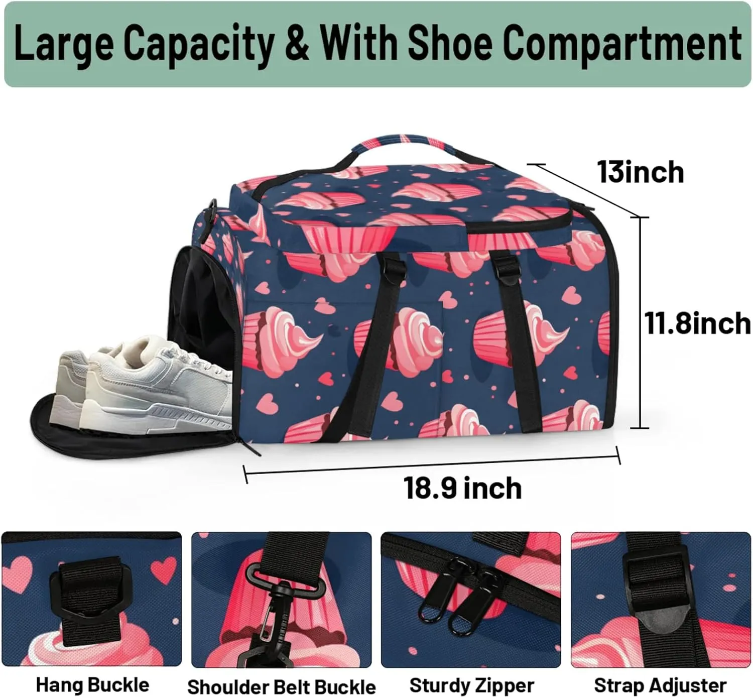 Tactical Sports Duffle Bag for Travel Waterproof Gym Bag with Shoe Compartment 48L Carry On Luggage for Men & Women 3-in-1 Durable Travel Luggage Cupcakes Heart