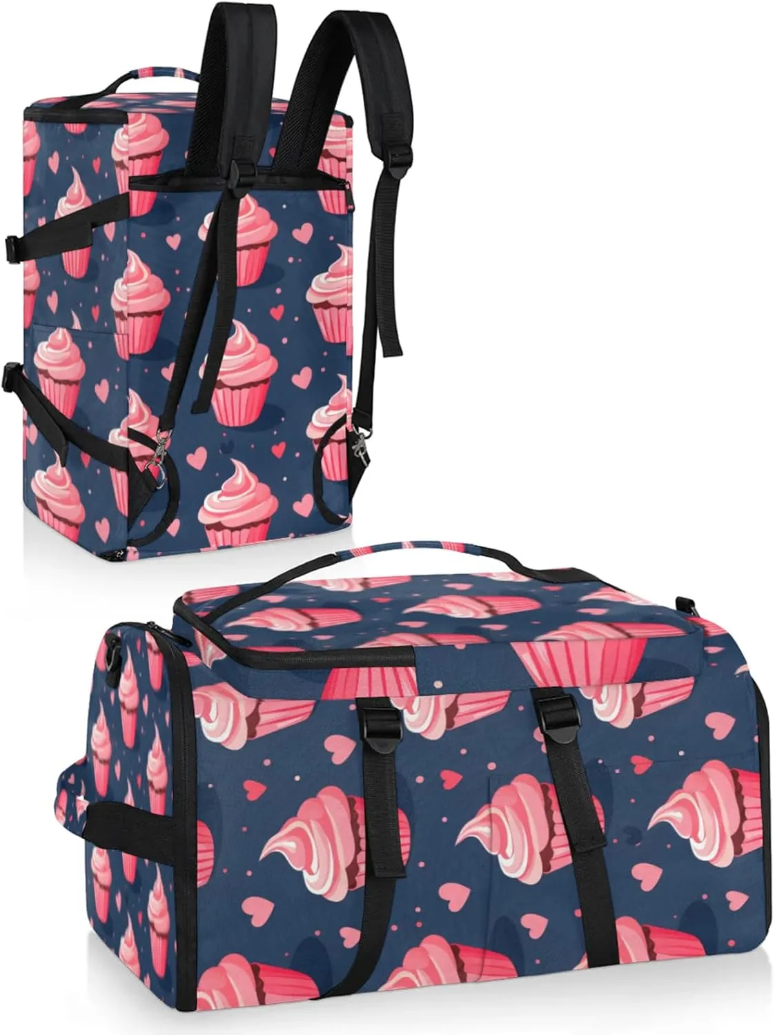 Tactical Sports Duffle Bag for Travel Waterproof Gym Bag with Shoe Compartment 48L Carry On Luggage for Men & Women 3-in-1 Durable Travel Luggage Cupcakes Heart