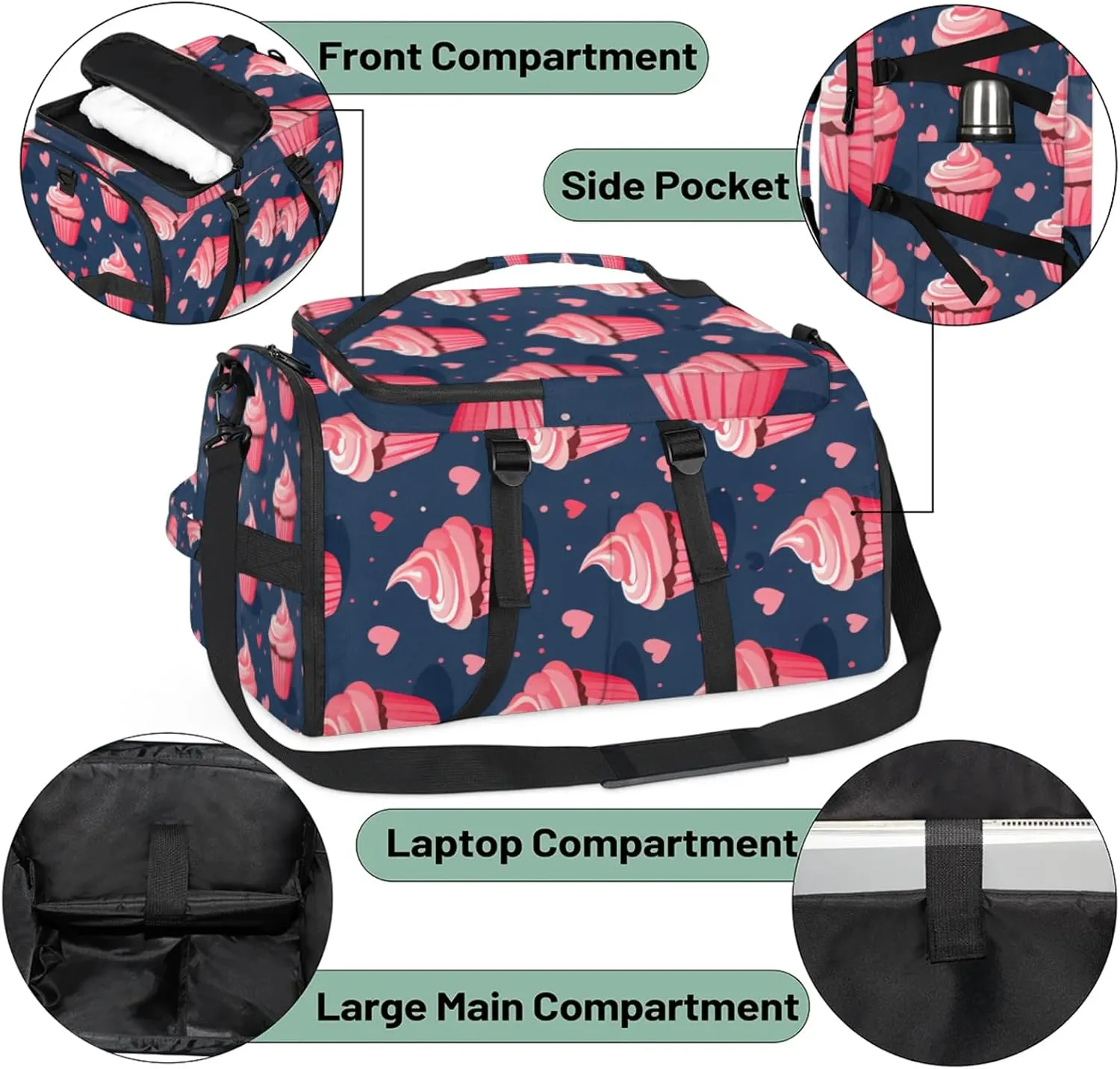 Tactical Sports Duffle Bag for Travel Waterproof Gym Bag with Shoe Compartment 48L Carry On Luggage for Men & Women 3-in-1 Durable Travel Luggage Cupcakes Heart