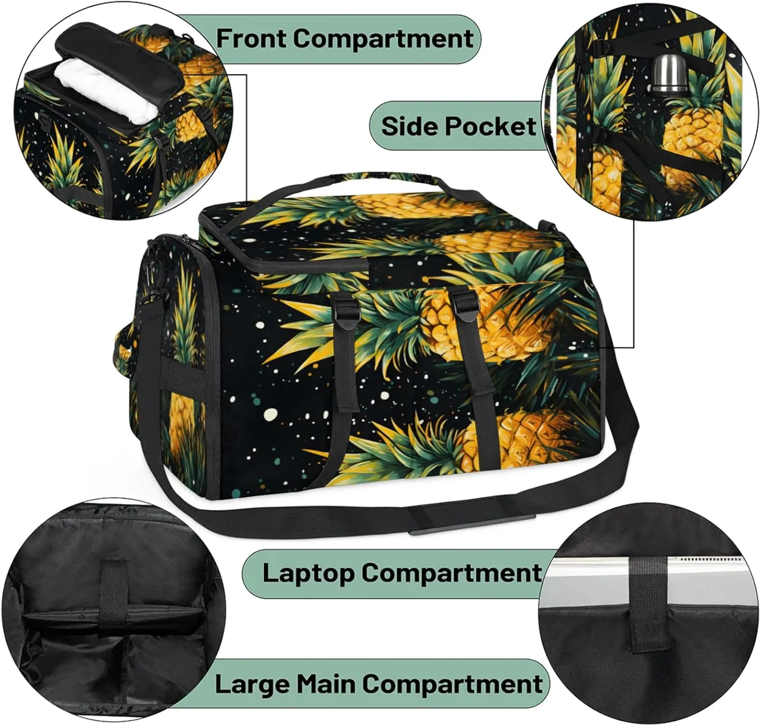 Tactical Sports Duffle Bag for Travel Waterproof Gym Bag with Shoe Compartment 48L Carry On Luggage for Men & Women 3-in-1 Durable Travel Luggage Summer Pineapple Fruit