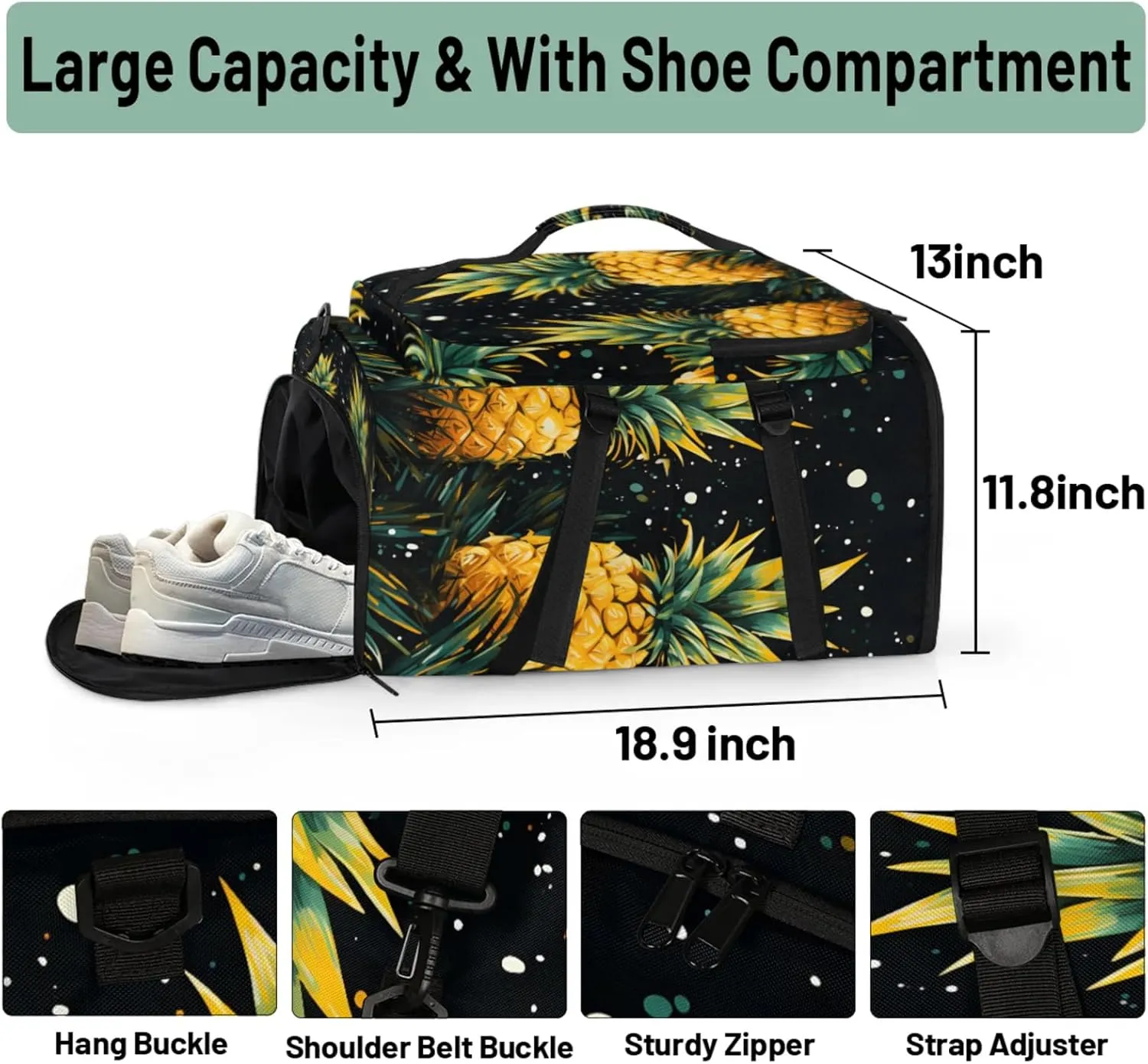 Tactical Sports Duffle Bag for Travel Waterproof Gym Bag with Shoe Compartment 48L Carry On Luggage for Men & Women 3-in-1 Durable Travel Luggage Summer Pineapple Fruit