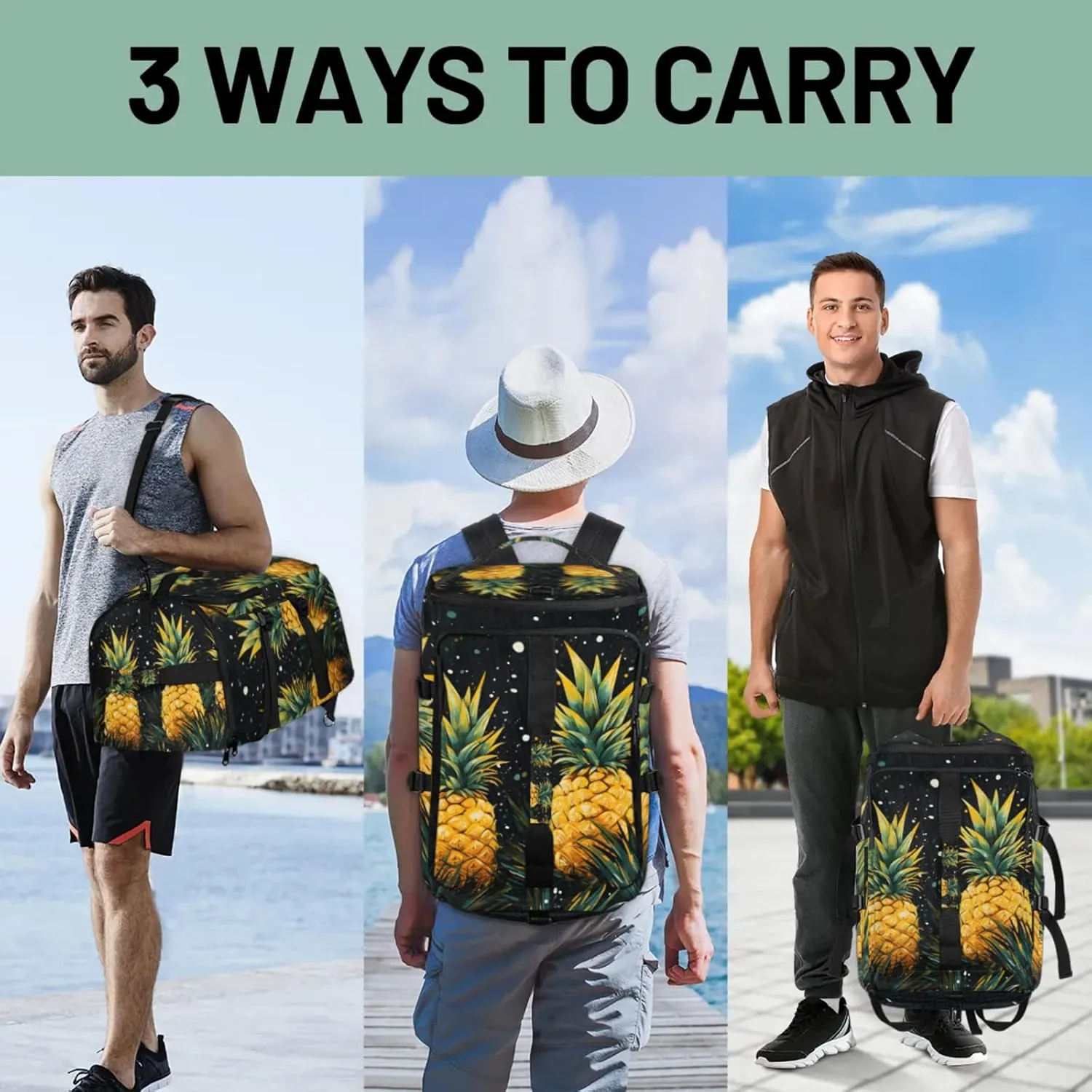 Tactical Sports Duffle Bag for Travel Waterproof Gym Bag with Shoe Compartment 48L Carry On Luggage for Men & Women 3-in-1 Durable Travel Luggage Summer Pineapple Fruit