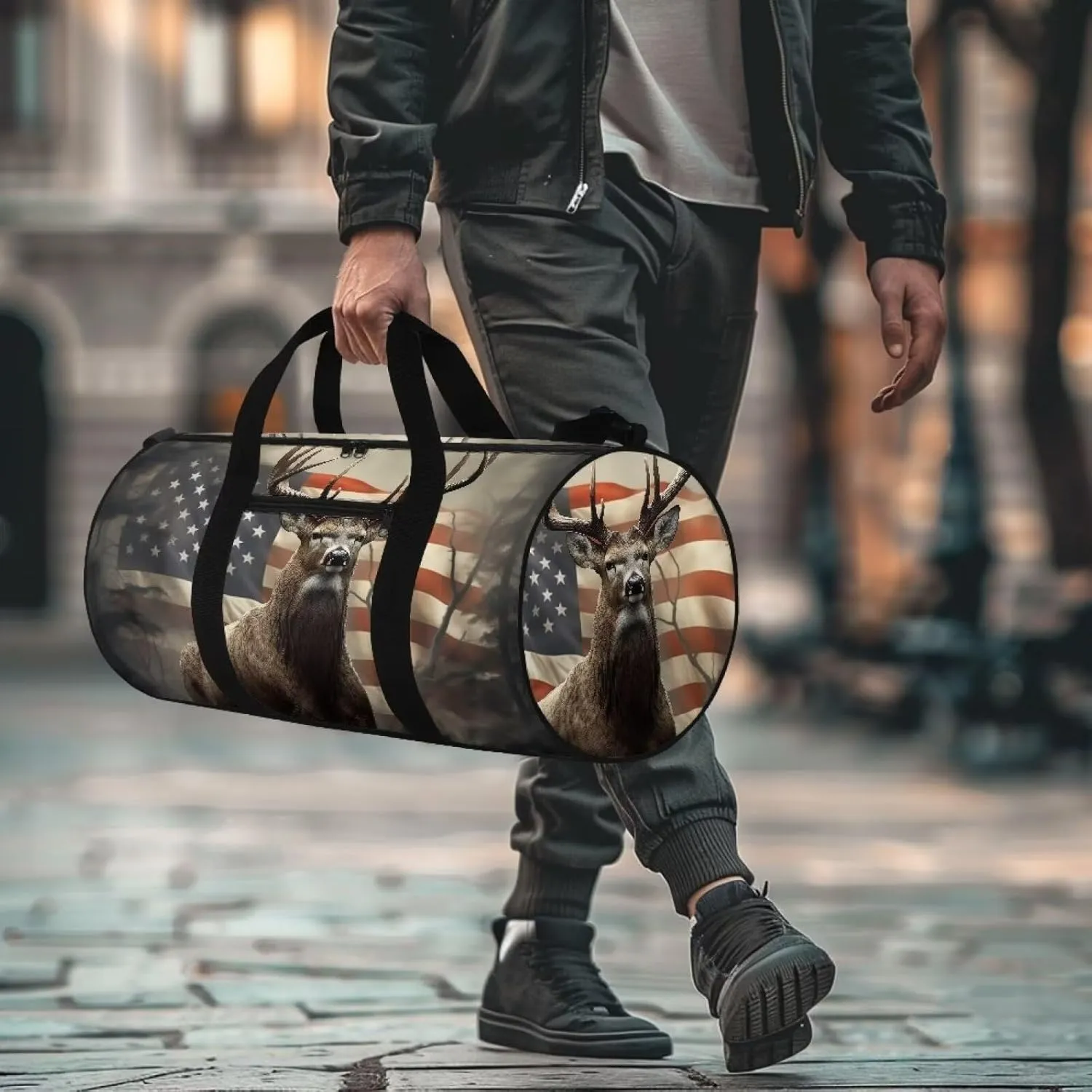 Talayituse Deer American Flag Print Duffel Bag for Men Women Gym Bag Tear Resistant Travel Bag Large Crossbody Bag with Front Pocket Waterproof Sports Equipment Bag Yoga Bag for Basketball Fitness