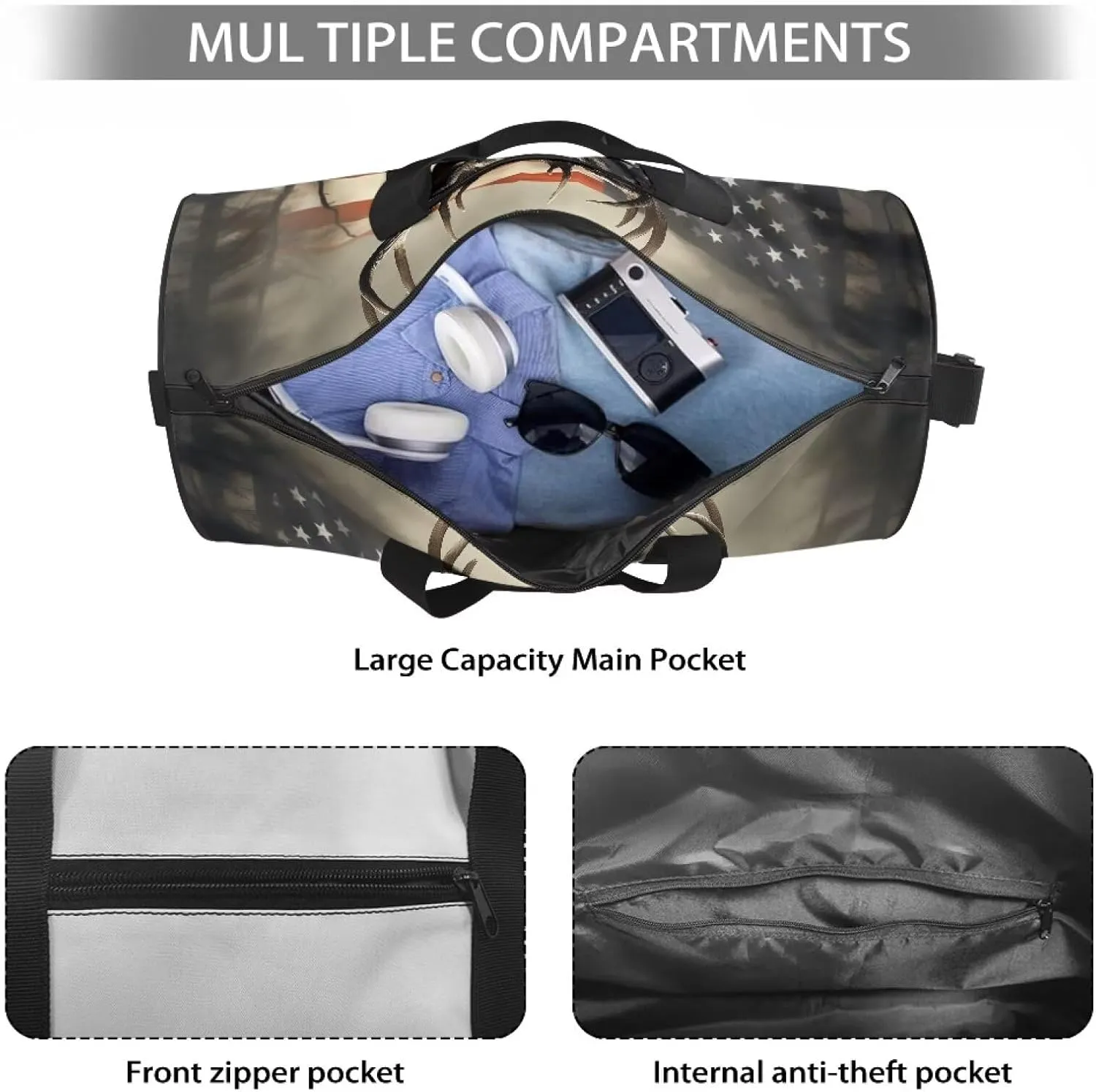 Talayituse Deer American Flag Print Duffel Bag for Men Women Gym Bag Tear Resistant Travel Bag Large Crossbody Bag with Front Pocket Waterproof Sports Equipment Bag Yoga Bag for Basketball Fitness
