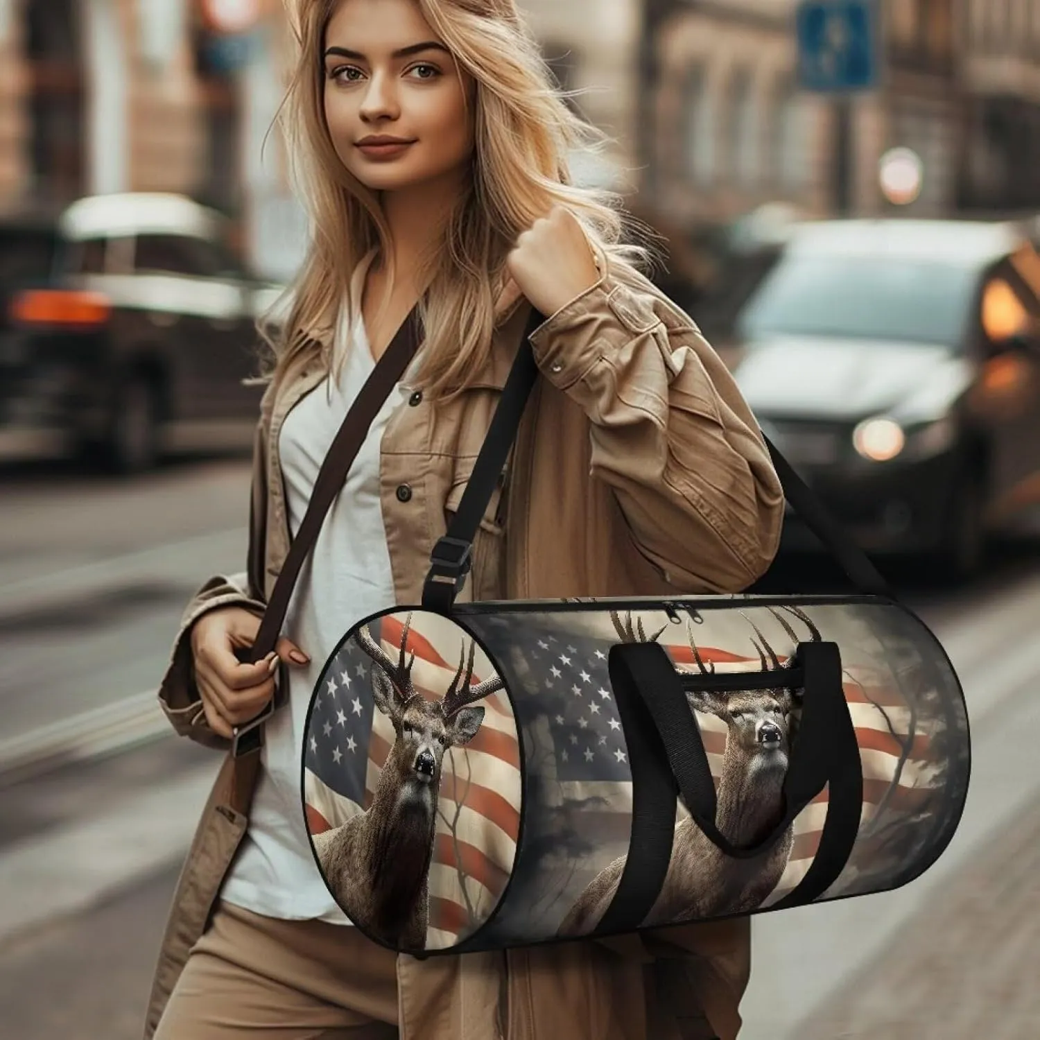 Talayituse Deer American Flag Print Duffel Bag for Men Women Gym Bag Tear Resistant Travel Bag Large Crossbody Bag with Front Pocket Waterproof Sports Equipment Bag Yoga Bag for Basketball Fitness