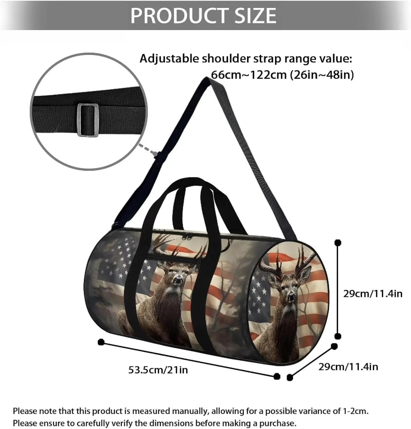 Talayituse Deer American Flag Print Duffel Bag for Men Women Gym Bag Tear Resistant Travel Bag Large Crossbody Bag with Front Pocket Waterproof Sports Equipment Bag Yoga Bag for Basketball Fitness