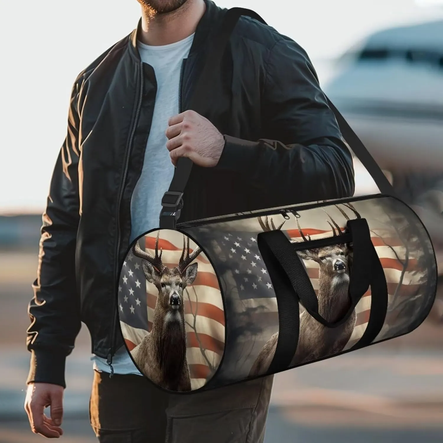 Talayituse Deer American Flag Print Duffel Bag for Men Women Gym Bag Tear Resistant Travel Bag Large Crossbody Bag with Front Pocket Waterproof Sports Equipment Bag Yoga Bag for Basketball Fitness