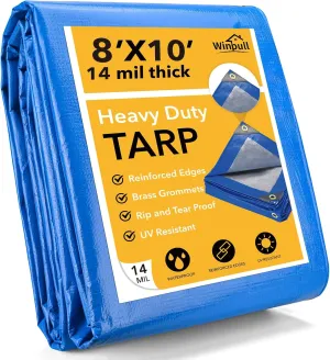 Tarp 8x10 Feet 14 Mil Heavy Duty Waterproof Tarp, Large Multipurpose Cover with Brass Grommets and Reinforced Edges, UV Resistant Thick Poly Tarps for Outdoor Camping Tent Pool Car, Blue