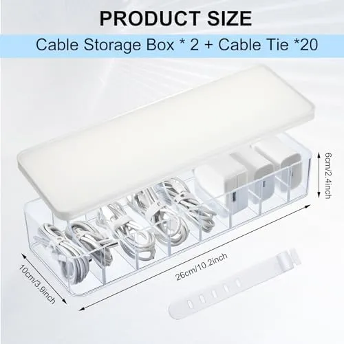 Tatuo 2 Pcs Cable Organizer with 20 Wire Ties, White Clear Plastic Cord Storage Box with Lid for Home Office Desk Organizers and Accessories