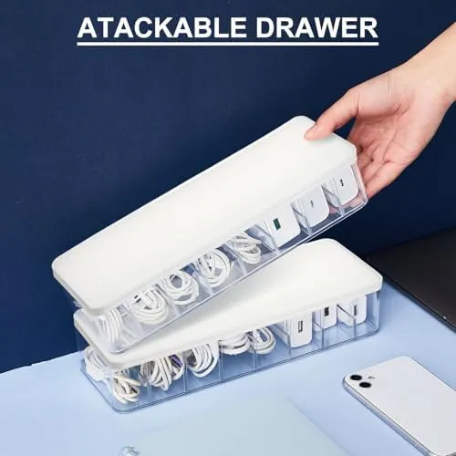 Tatuo 2 Pcs Cable Organizer with 20 Wire Ties, White Clear Plastic Cord Storage Box with Lid for Home Office Desk Organizers and Accessories
