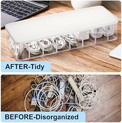 Tatuo 2 Pcs Cable Organizer with 20 Wire Ties, White Clear Plastic Cord Storage Box with Lid for Home Office Desk Organizers and Accessories