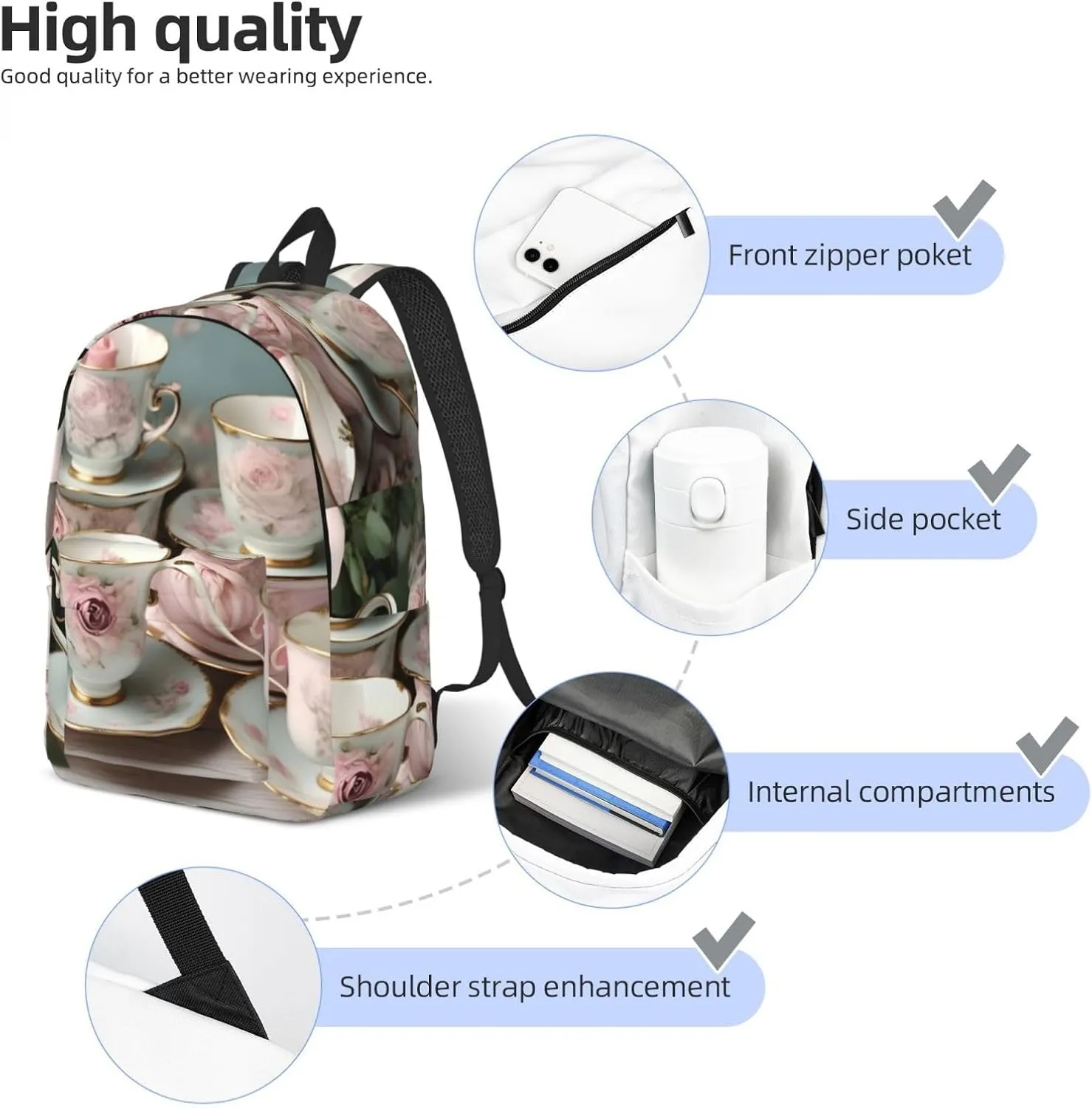 Tea Cups with Roses Romantic print Duffel Bag, Lightweight Duffel Bag, Casual Backpack, 17.7 x 6.3 x 12.2 inches
