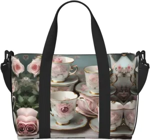 Tea Cups with Roses Romantic print Travel Duffel Bag,workout duffel bag, overnight shoulder Bag,Weekender Bag for Women Men