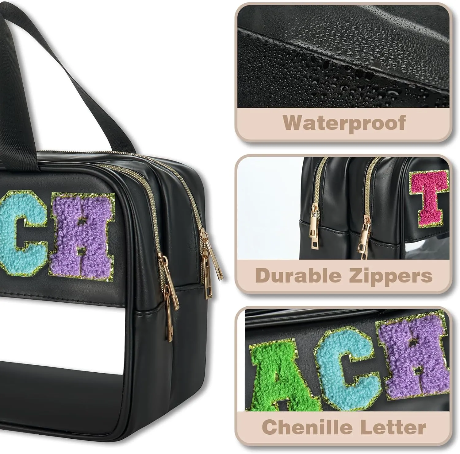 teacher appreciation Gifts Clear Makeup Teacher Bag Teacher Stuff Chenille Letter Patch Preppy Cosmetic Bag Teach Bag for travel