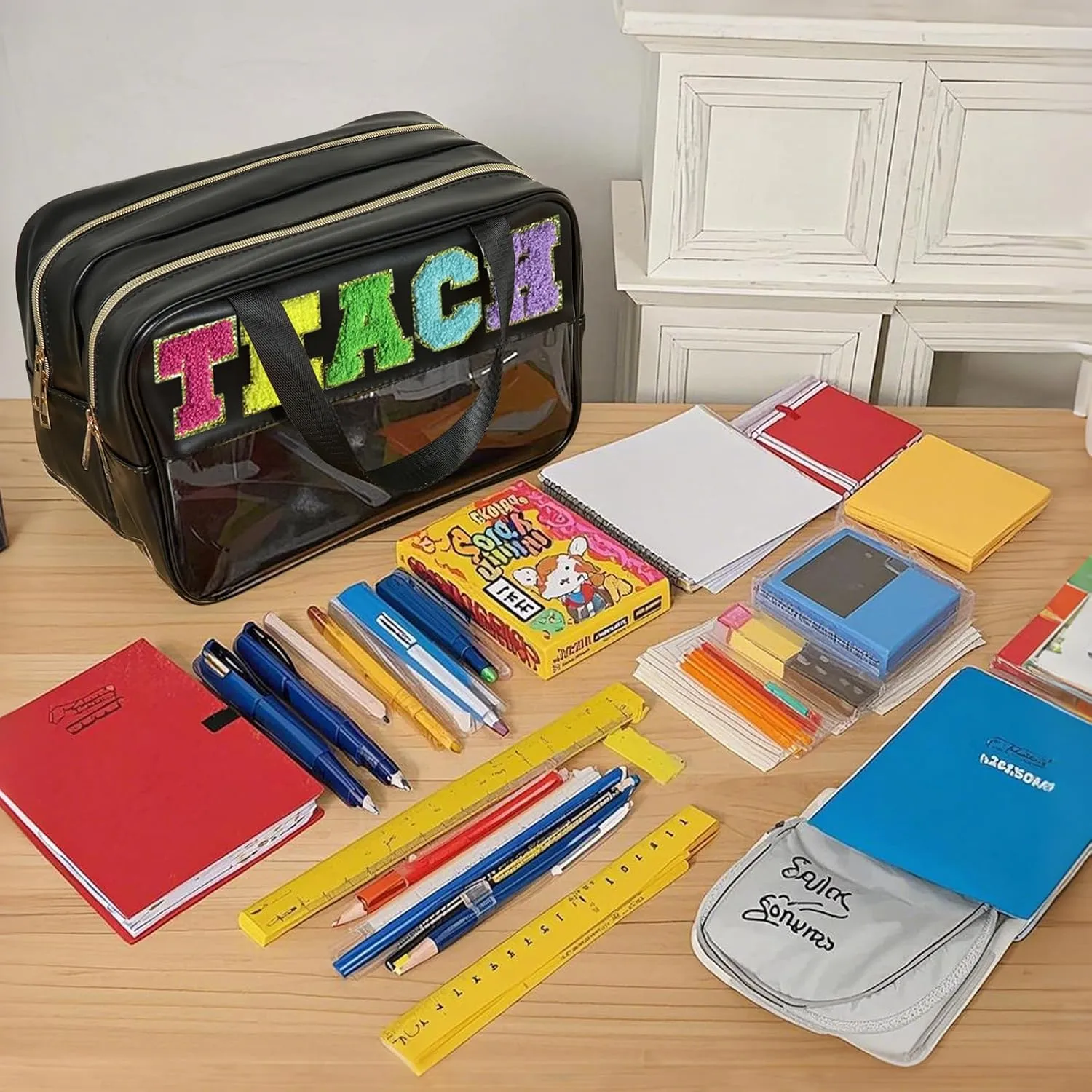 teacher appreciation Gifts Clear Makeup Teacher Bag Teacher Stuff Chenille Letter Patch Preppy Cosmetic Bag Teach Bag for travel
