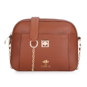 THE CLOWNFISH Amanora Genuine Leather Sling Bag - Lightweight, Chic | With Chain Strap | M | Brown