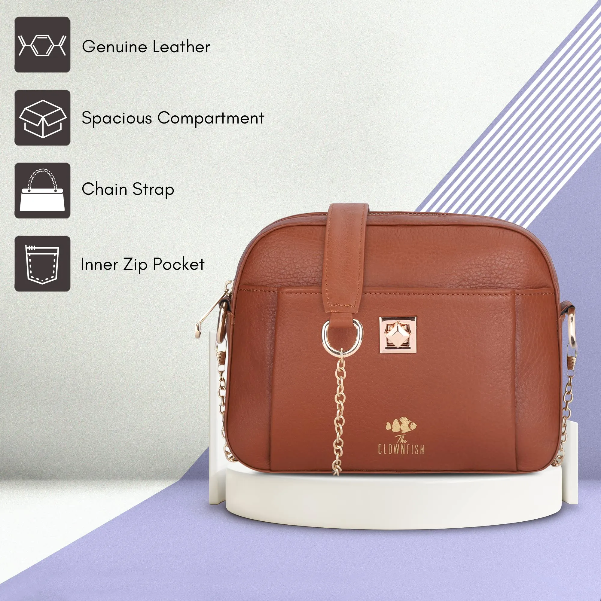 THE CLOWNFISH Amanora Genuine Leather Sling Bag - Lightweight, Chic | With Chain Strap | M | Brown