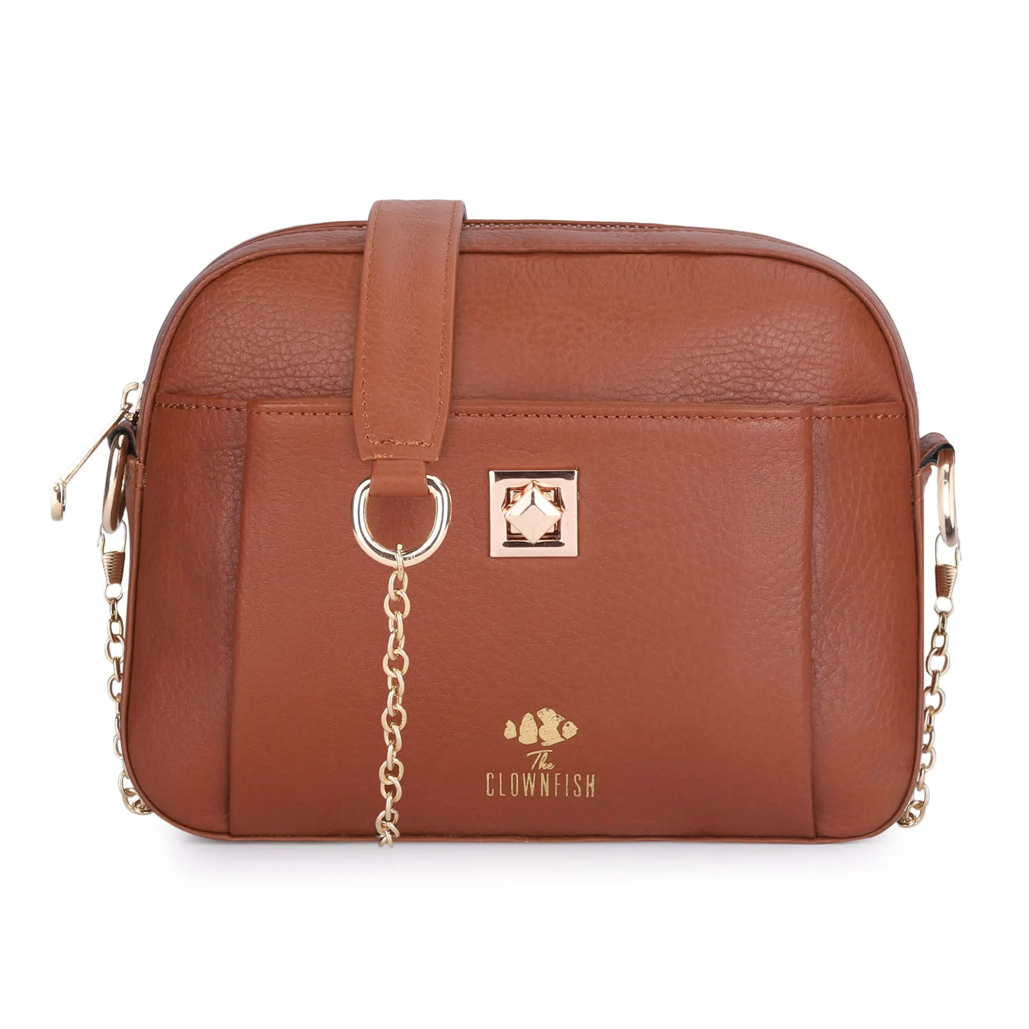 THE CLOWNFISH Amanora Genuine Leather Sling Bag - Lightweight, Chic | With Chain Strap | M | Brown