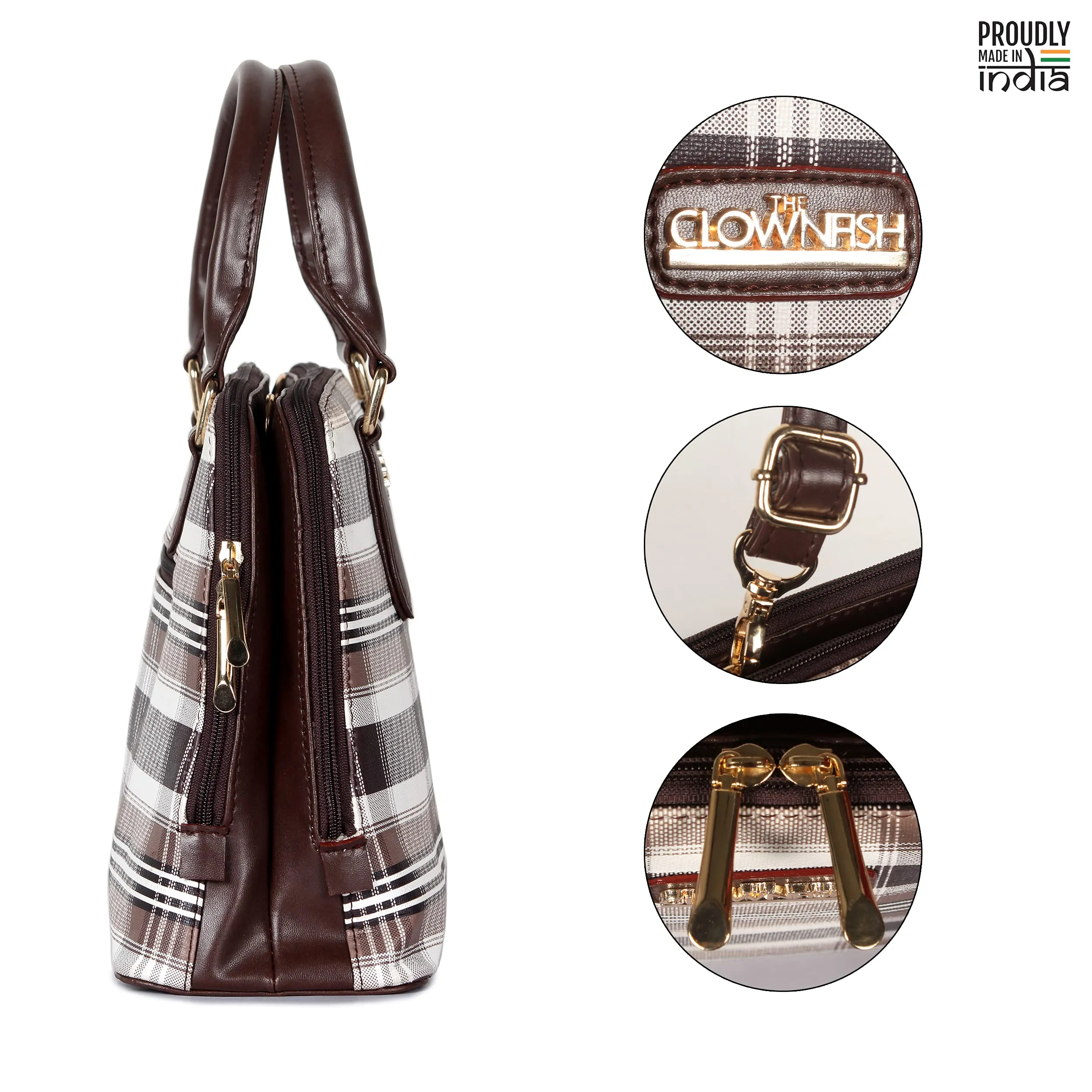 THE CLOWNFISH Andrea Handbag for Women Office Bag Ladies Shoulder Bag Tote For Women College Girls-Checks Design (Dark Brown)