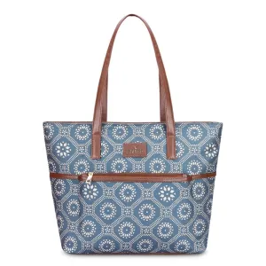 THE CLOWNFISH Concetta Printed Handicraft Fabric & Faux Leather Handbag for Women Office Bag Ladies Shoulder Bag Tote For Women College Girls (Cerulean Blue)