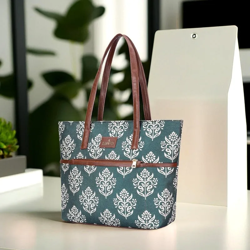 THE CLOWNFISH Concetta Printed Handicraft Fabric & Faux Leather Handbag for Women Office Bag Ladies Shoulder Bag Tote For Women College Girls (Light Green)