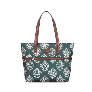THE CLOWNFISH Concetta Printed Handicraft Fabric & Faux Leather Handbag for Women Office Bag Ladies Shoulder Bag Tote For Women College Girls (Light Green)