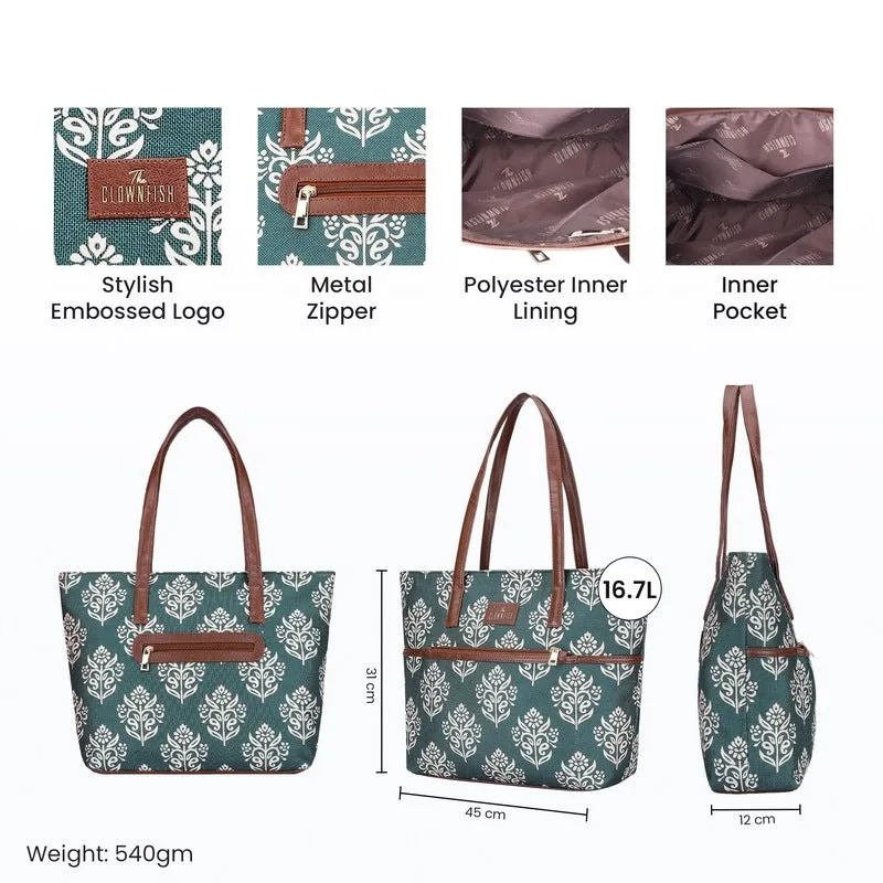 THE CLOWNFISH Concetta Printed Handicraft Fabric & Faux Leather Handbag for Women Office Bag Ladies Shoulder Bag Tote For Women College Girls (Light Green)