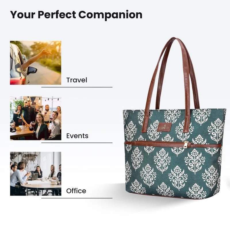 THE CLOWNFISH Concetta Printed Handicraft Fabric & Faux Leather Handbag for Women Office Bag Ladies Shoulder Bag Tote For Women College Girls (Light Green)