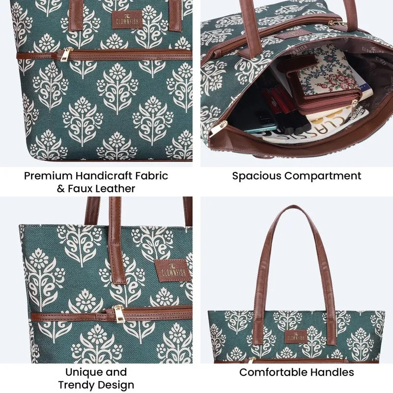 THE CLOWNFISH Concetta Printed Handicraft Fabric & Faux Leather Handbag for Women Office Bag Ladies Shoulder Bag Tote For Women College Girls (Light Green)