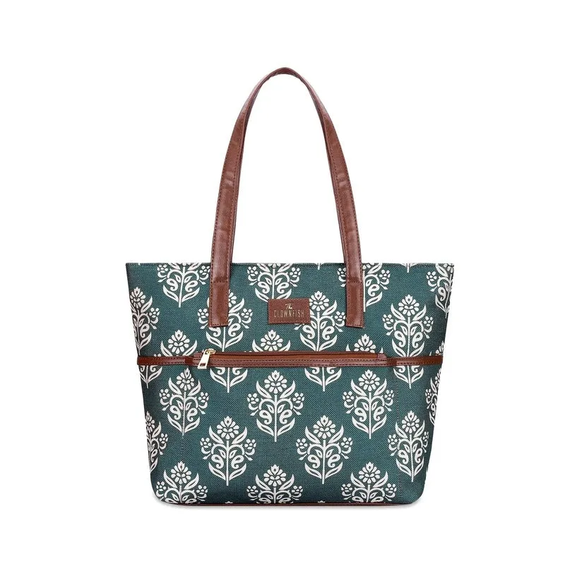THE CLOWNFISH Concetta Printed Handicraft Fabric & Faux Leather Handbag for Women Office Bag Ladies Shoulder Bag Tote For Women College Girls (Light Green)
