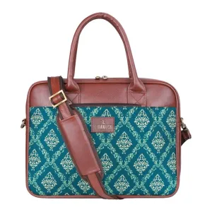 THE CLOWNFISH Deborah series 15.6 inch Laptop Bag For Women Printed Handicraft Fabric & Faux Leather Office Bag Briefcase Messenger Sling Handbag Business Bag (Blue)