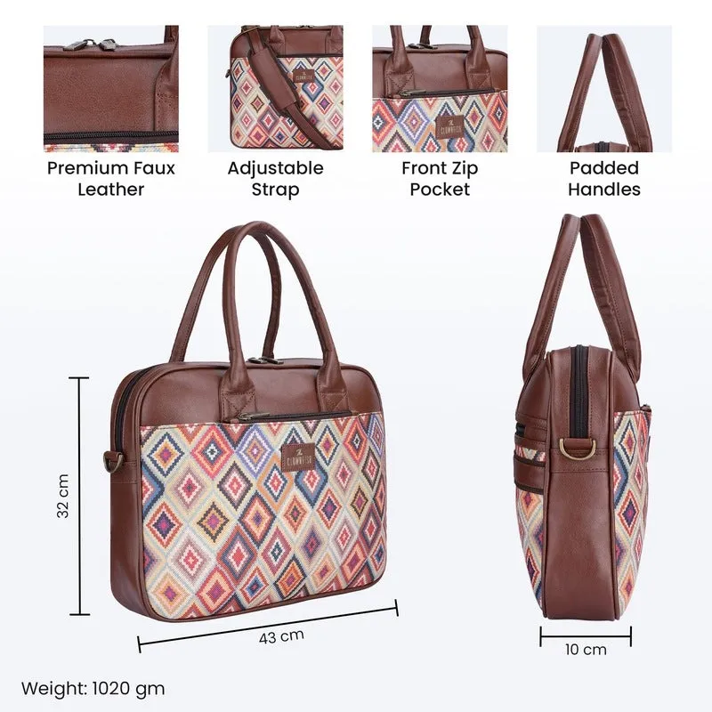THE CLOWNFISH Deborah series 15.6 inch Laptop Bag For Women Printed Handicraft Fabric & Faux Leather Office Bag Briefcase Messenger Sling Handbag Business Bag (Multicolour-Diamond)