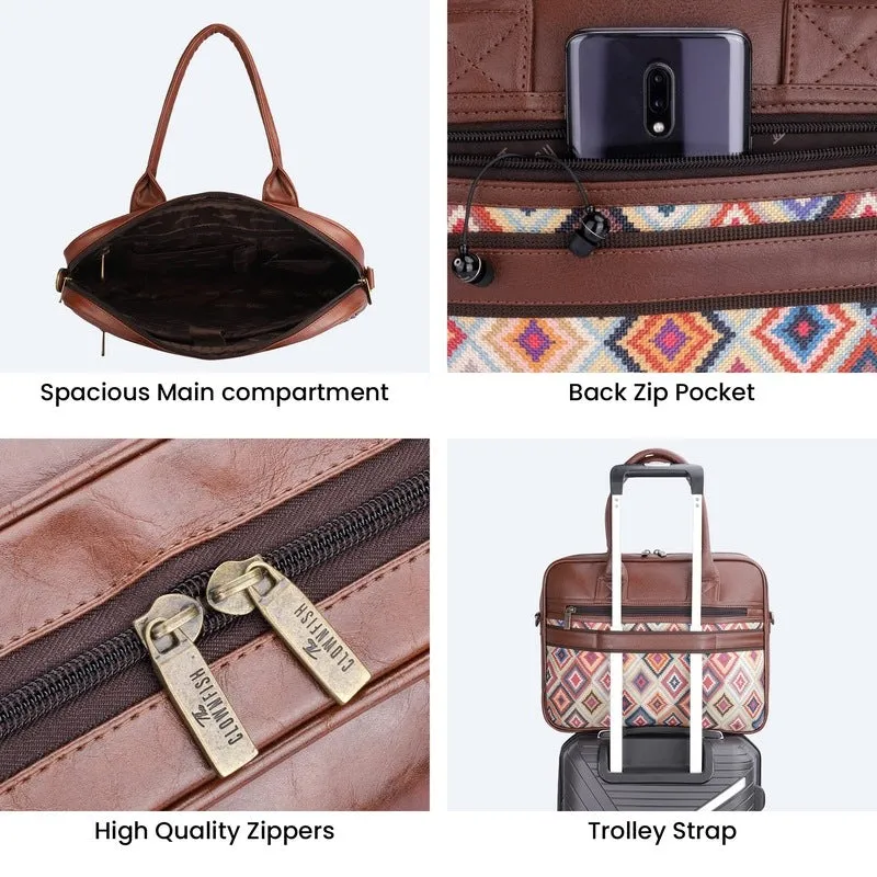 THE CLOWNFISH Deborah series 15.6 inch Laptop Bag For Women Printed Handicraft Fabric & Faux Leather Office Bag Briefcase Messenger Sling Handbag Business Bag (Multicolour-Diamond)
