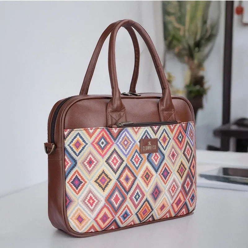 THE CLOWNFISH Deborah series 15.6 inch Laptop Bag For Women Printed Handicraft Fabric & Faux Leather Office Bag Briefcase Messenger Sling Handbag Business Bag (Multicolour-Diamond)