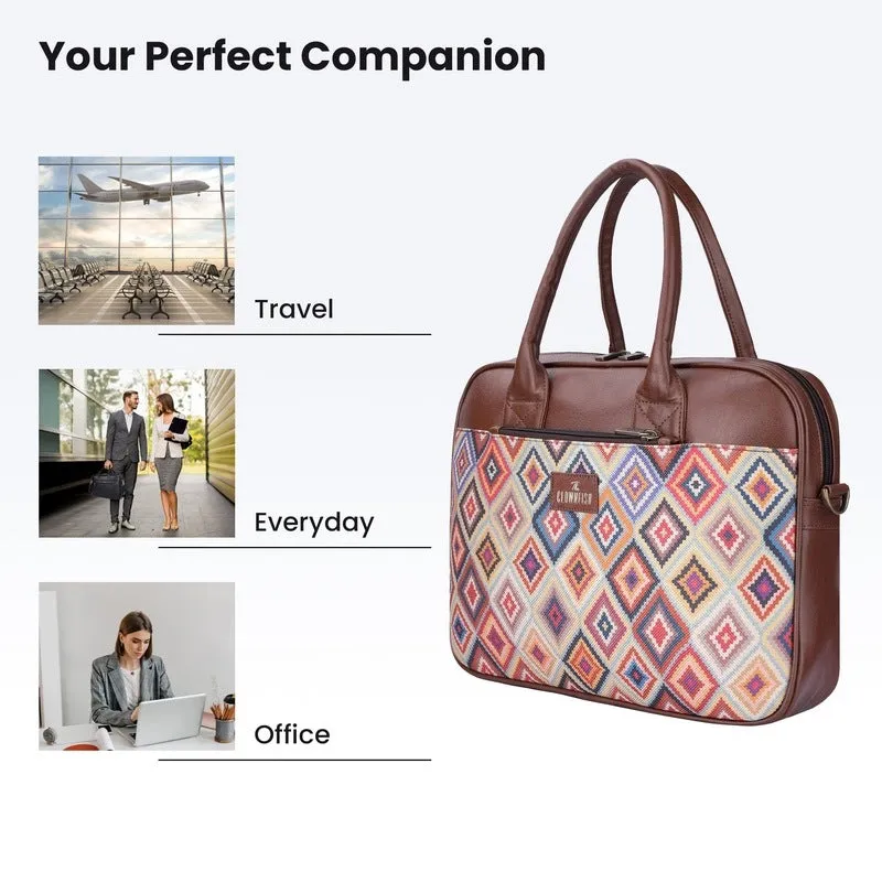 THE CLOWNFISH Deborah series 15.6 inch Laptop Bag For Women Printed Handicraft Fabric & Faux Leather Office Bag Briefcase Messenger Sling Handbag Business Bag (Multicolour-Diamond)