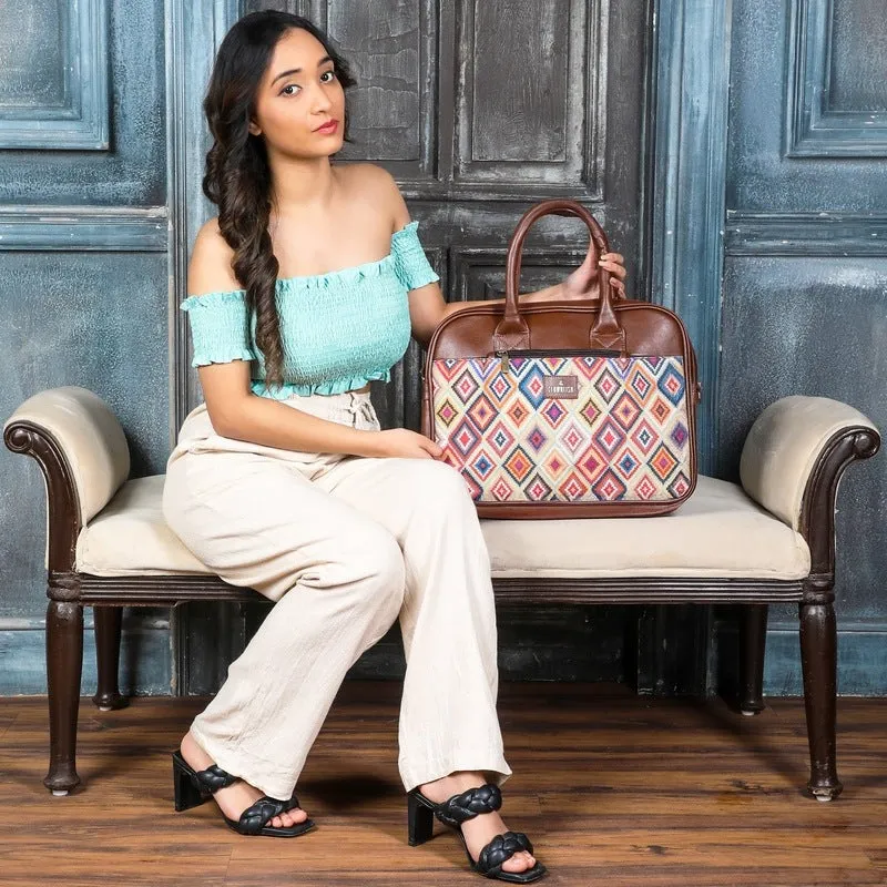 THE CLOWNFISH Deborah series 15.6 inch Laptop Bag For Women Printed Handicraft Fabric & Faux Leather Office Bag Briefcase Messenger Sling Handbag Business Bag (Multicolour-Diamond)
