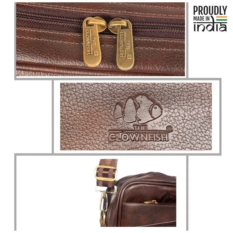 THE CLOWNFISH Faux Leather 15.6 inch Laptop Messenger Bag - Water Resistant | Adjustable Strap | 11L Capacity | Dark Brown