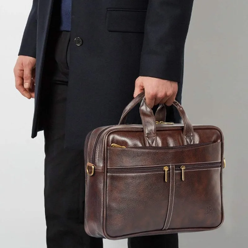 THE CLOWNFISH Faux Leather 15.6 inch Laptop Messenger Bag - Water Resistant | Adjustable Strap | 11L Capacity | Dark Brown