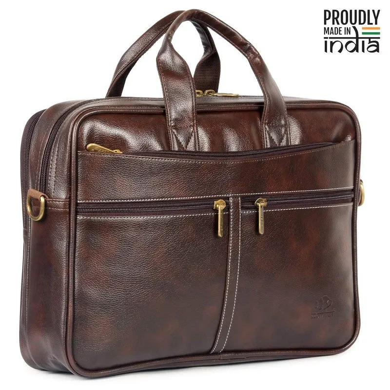 THE CLOWNFISH Faux Leather 15.6 inch Laptop Messenger Bag - Water Resistant | Adjustable Strap | 11L Capacity | Dark Brown