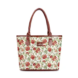 THE CLOWNFISH Justina Tapestry Fabric & Faux Leather Handbag for Women Office Bag Ladies Shoulder Bag Tote For Women College Girls (Off White-Floral)
